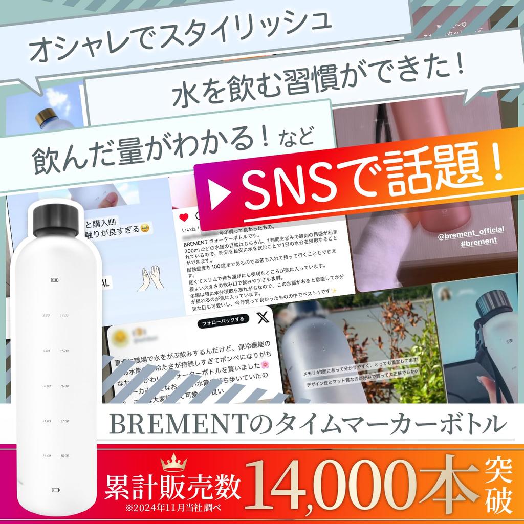 BREMENT Water Bottle with Time Marker, 1 Liter, 1000ml, BPA-Free, Made from Tritan (Medical Grade Tritan) - Large Capacity (Matte Black) [Drink 2