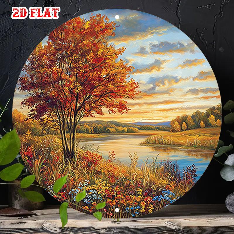 Autumn Landscape with Tree and Lake Round HD Metal Wall Art Fall Scenery Metal Sign for Home and Garden Decor