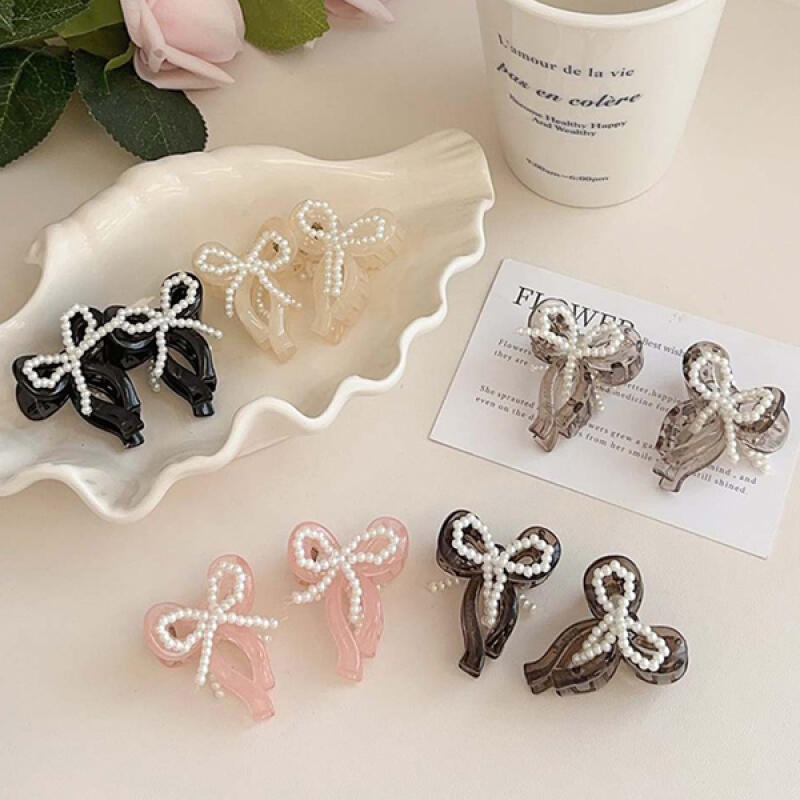 Tintin Ribbon Hair Mini Pearl Point Clip Black (set of 2)