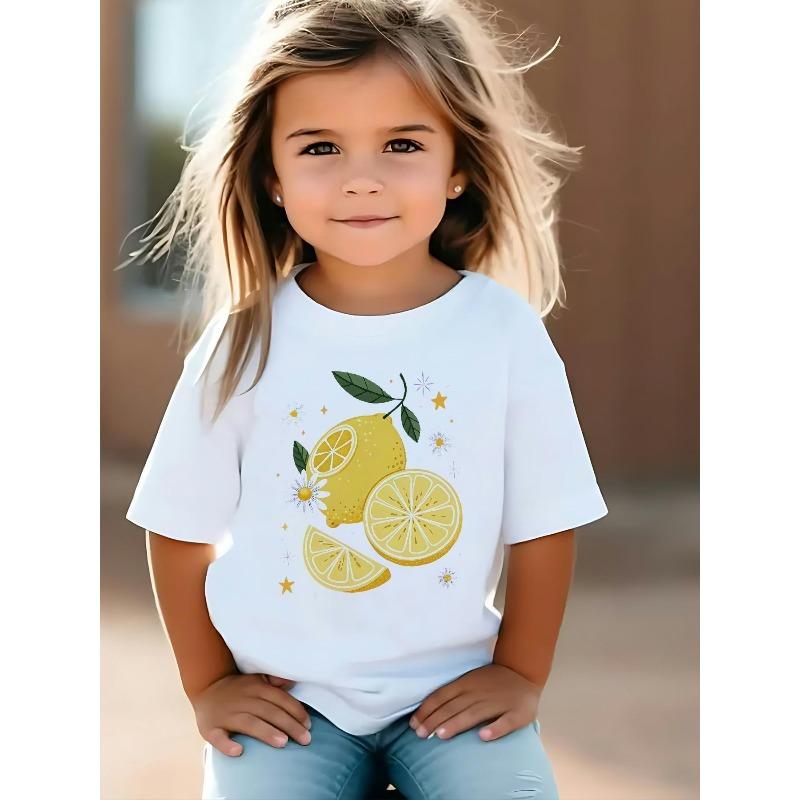 European Size Girls Round Neck Short Sleeved T Shirt with Summer Sea Salt Lemon Pattern Print