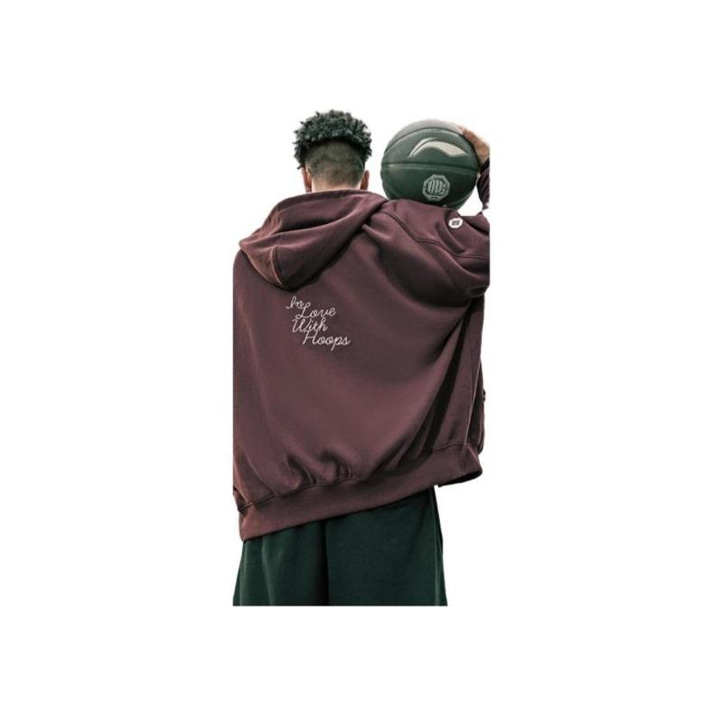 Li Ning Badfive Series Letter Print American Vintage Hoodie Unisex Hoodies Deep-Red AWDTC91-1