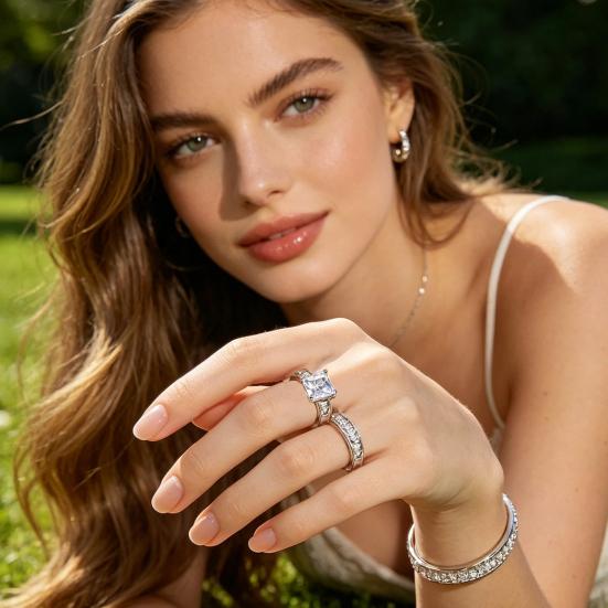 2Pcs/Set Women Ring Set Zinc Alloy Metal Rings with Rhinestones Claw Bezel Setting Classic