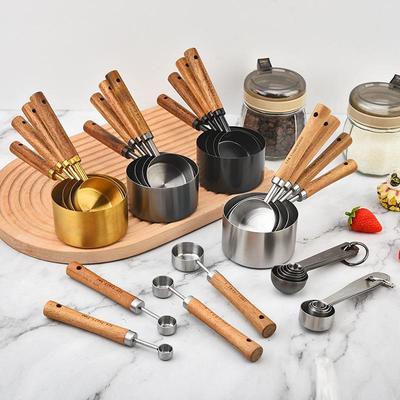 8-Piece Stainless Steel Measuring Cup and Spoon Set with Scale, Wooden Handles, and Baking Tools