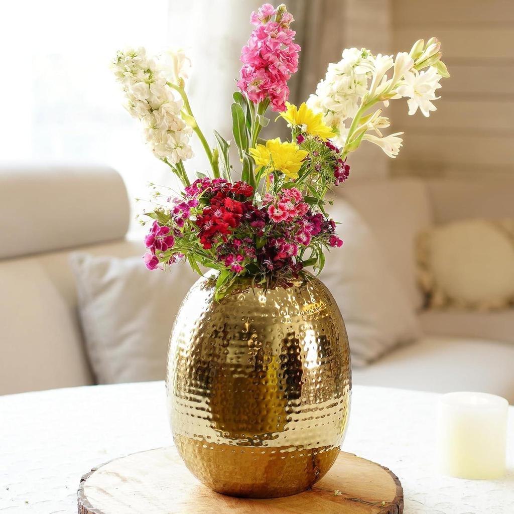 Metal Hammered Oval Shape Vase for Home Decor Decoratives for Indoor Outdoor Living Room Balcony | Best Gift