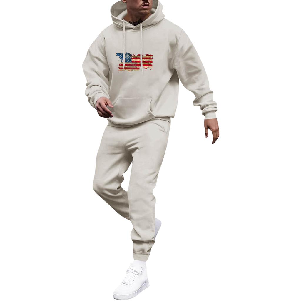 Men's Solid Color Flag Print Hooded Universal Versatile Hooded Sweatshirt Sweatpants Casual Sports Suit