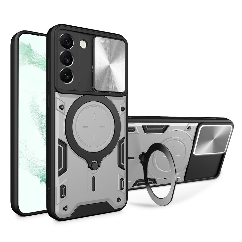 For Samsung Galaxy S22 5G Rotatable Kickstand Back Cover PC+TPU Phone Case with Slide Camera Lid