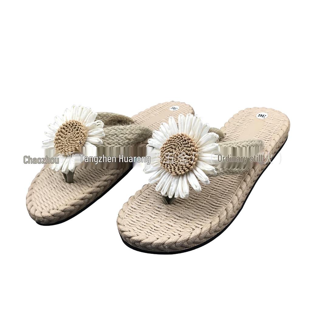 Daisy Women's Herringbone Hemp Rope Flip-Flops: Summer Straw Woven Low Heel Slip-On Sandals