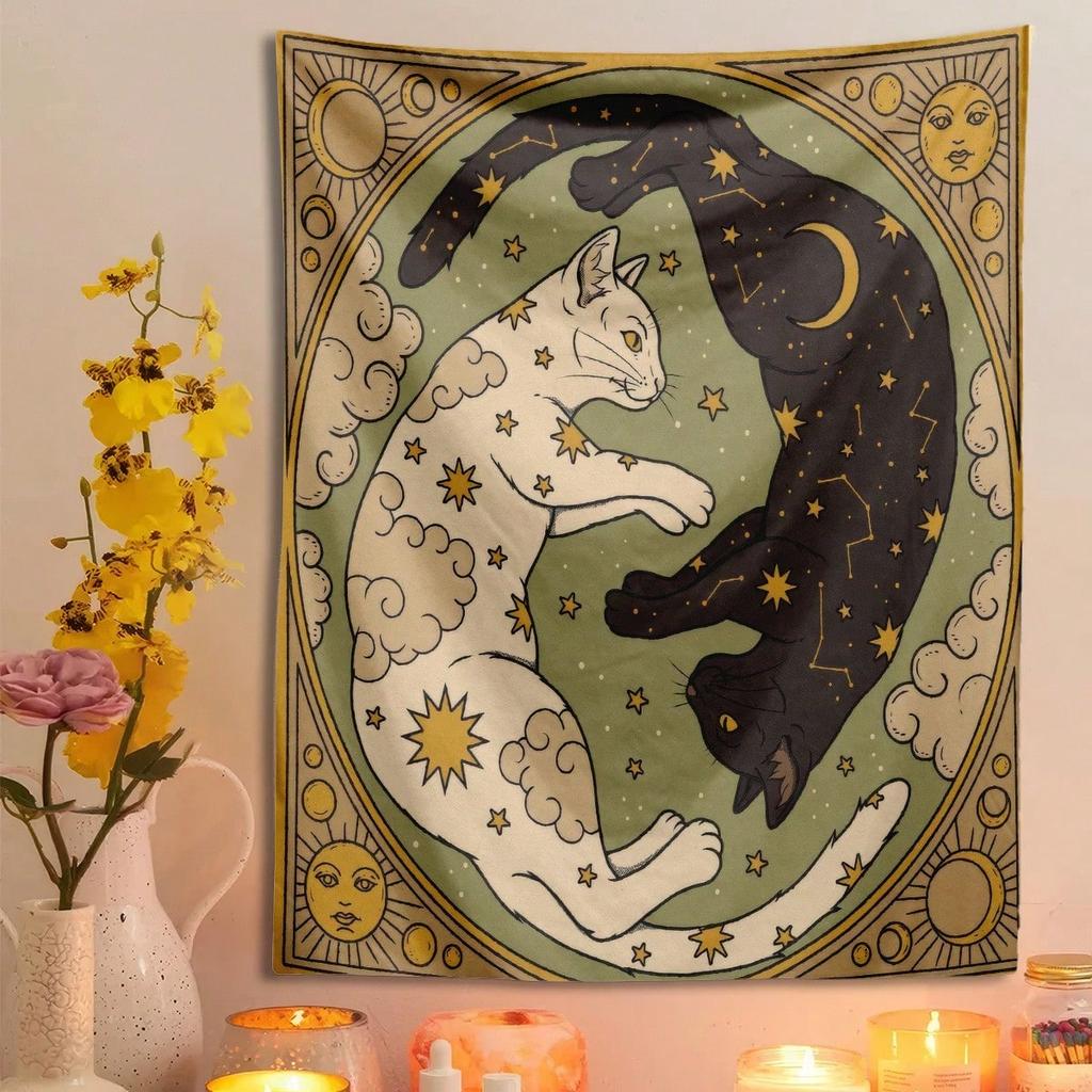 1 Pc Boho Vintage Sun Moon Lucky Cat Constellation Tapestry Home Office Dorm Decor