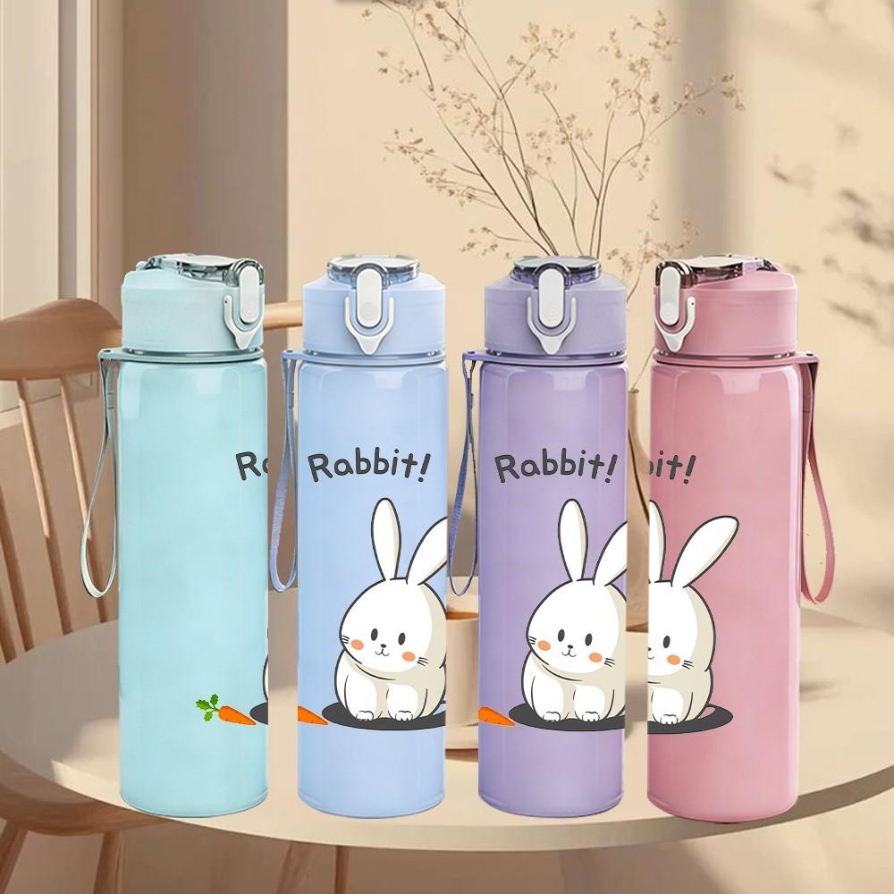 1PC White Little Rabbit Cute Print 750ml Color Plastic Sports Water Bottle Leakproof Flip Straw Lid Suitable for Sports Office Home Use