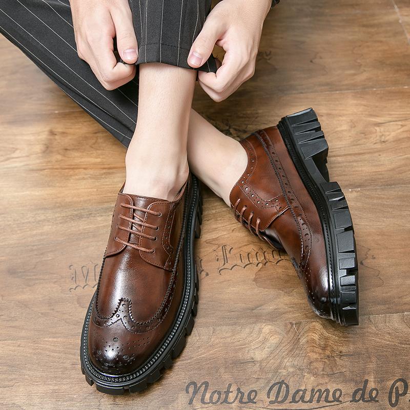 New British Style Brogue Shoes for Men Business Casual Fashion Commute Thick Sole Leather Shoes Male Platform Wedding Dress Shoe