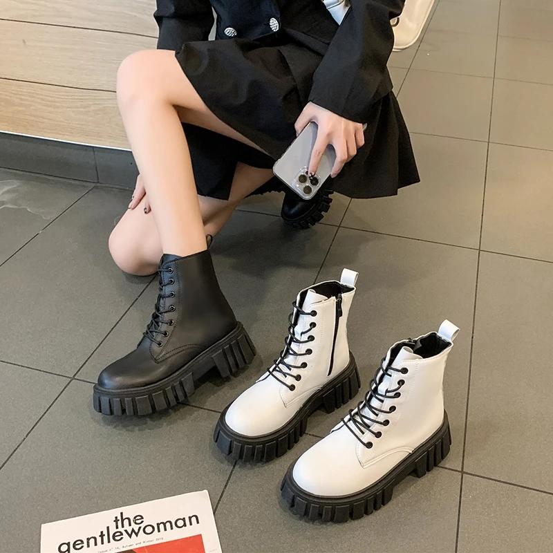 Weiße klobige Plattform-Kampfstiefel Frauen mit Reißverschluss hinten Pu-Leder Stiefeletten Frau Punk Dicker Boden Motorrad Botas Mujer