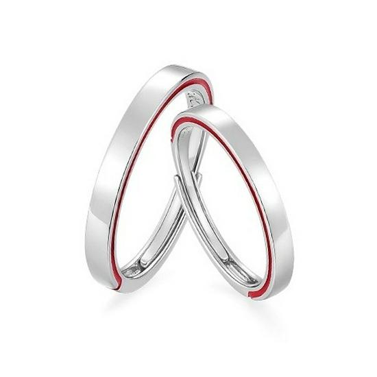 S999 Sterling Silver Couples  Plain Band Set: Simple High-End Design with Red Line, Open Design. S925 Silver Thread of Fate Women s Ring