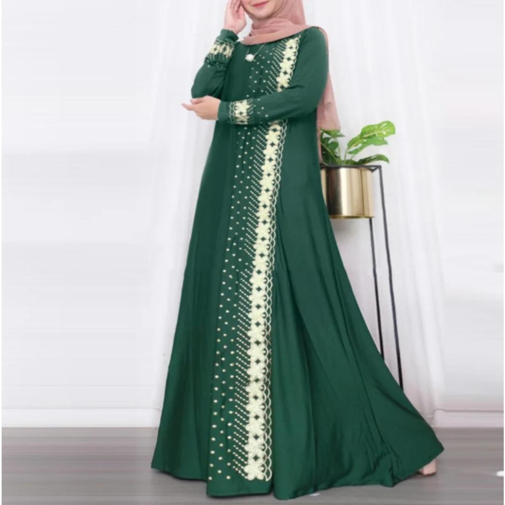 Rochie Maxi de Damă cu Gât Rotund și Mânecă Lungă, Talie Largă, Broderie cu Dantelă, Rochie Abaya Kaftan Modestă
