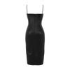 Rochie Sexy de Club de Noapte Europeană și Americană Bodycon din Piele PU - Rochiță Neagră cu Bretele Spaghetti Încrețite