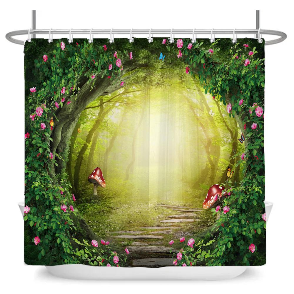 Enchanted Forest Shower Curtain Cartoon Magic Tale Mushroom Wonderland Gothic Shower Curtain Waterproof Bath Decor With Hooks