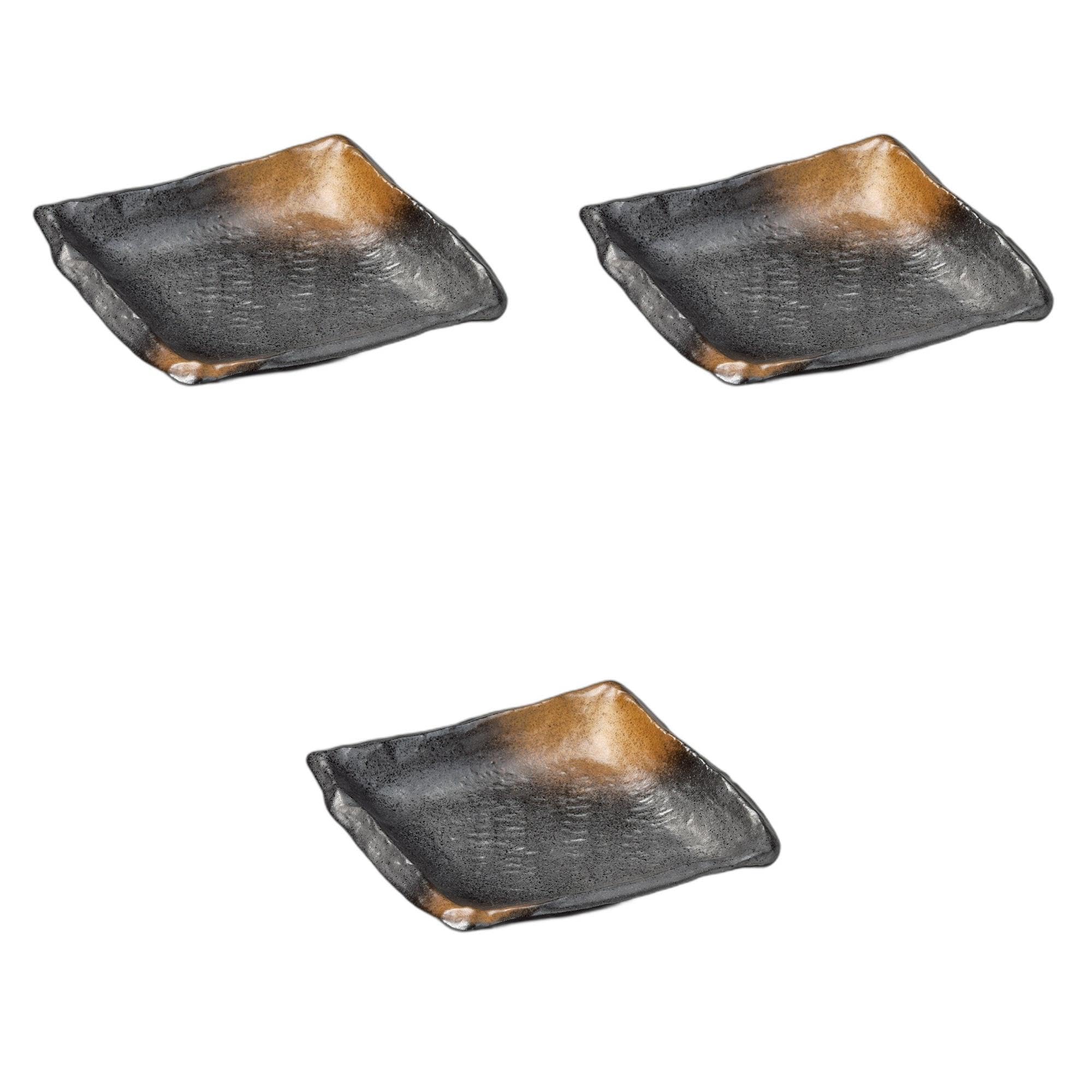 

Set of 3 Black Bizen Gold Tea Blown Artisan 19cm Square Plates x x Square Setomonohonpo [19 18.5 4cm] Plates, Ceramic,