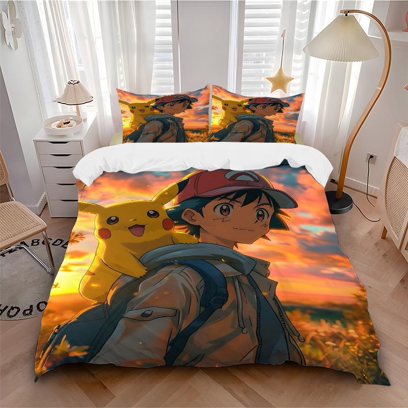 

3pcs bedding set Pokémon Trainer Pikachu Includes 1 Comforter + 2 Pillowcases, Without Pillow Inserts, Soft Comfortable, Lightweight Breatha 135x200cm