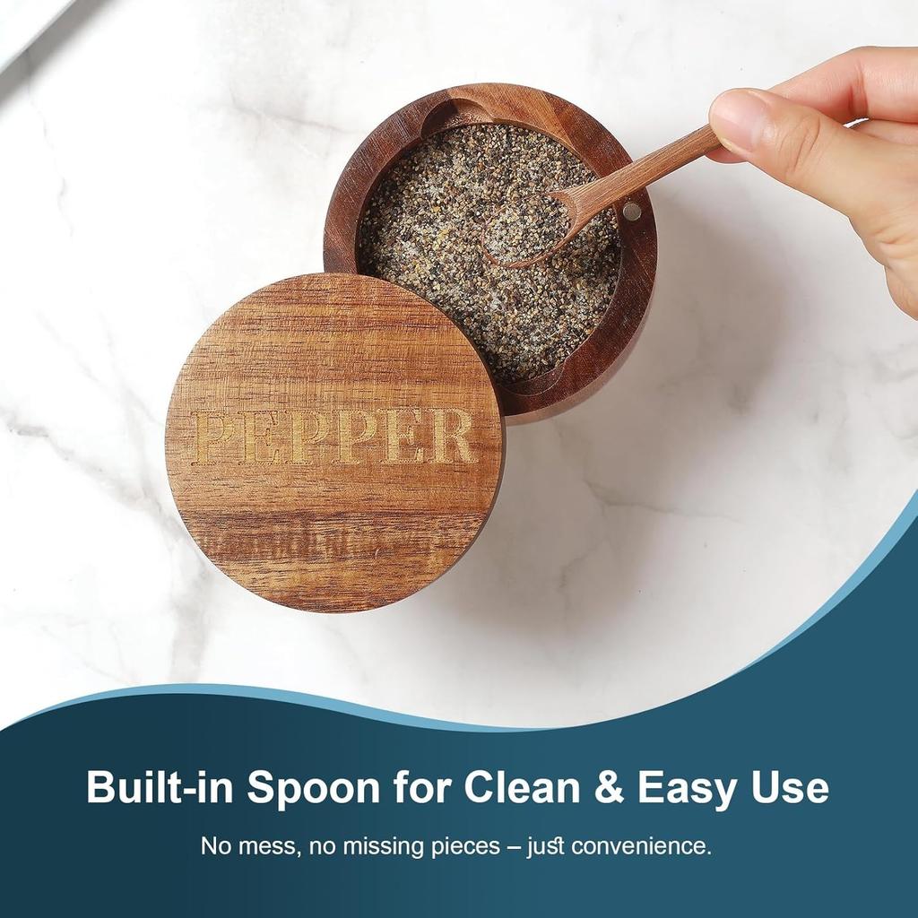Bamboo Salt Cellar, 2 PCS Salt Container with Built-in Spoon, Salt Box Bowl with Magnetic Swivel Lid, Elegant Kitchen Salt Holder Saver Jar To Storage
