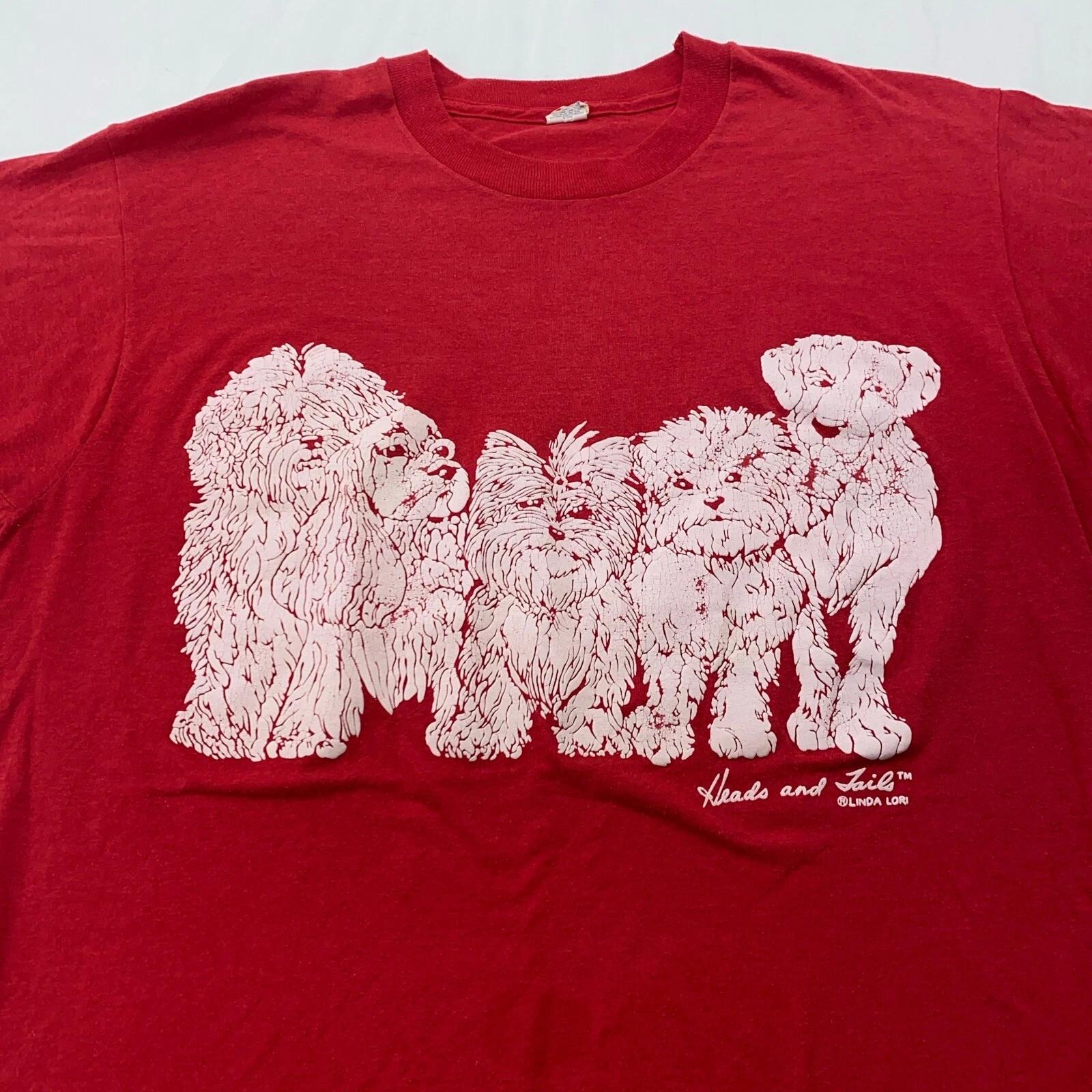 

vintage 90s DOG DOUBLE-SIDED PRINT HEADS & TAILS T-Shirt M puppy Linda lori art S