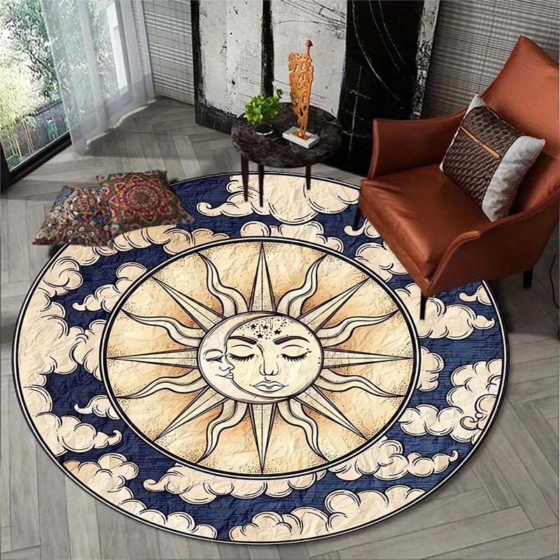 Dywan kryształowy aksamitny Druk płaski 2D, nie 3D Wycieraczka z nadrukiem Słońca i Księżyca Okrągła mata - Antypoślizgowa wycieraczka z kryształowego aksamitu, Artystyczny wzór
