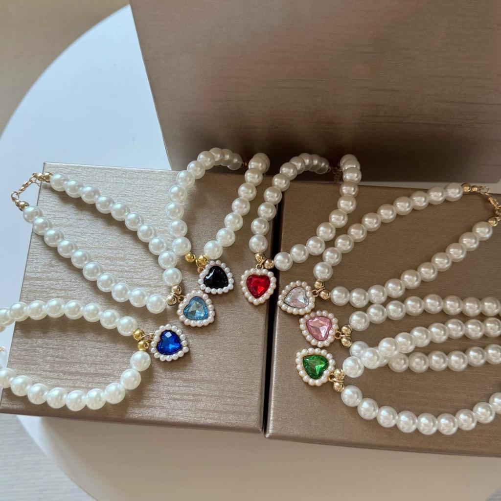 Cute Heart Gemstone Pearl Pet Collar, Adjustable Cat Dog Necklace, Elegant Decorative Pet Jewelry for Small Pets