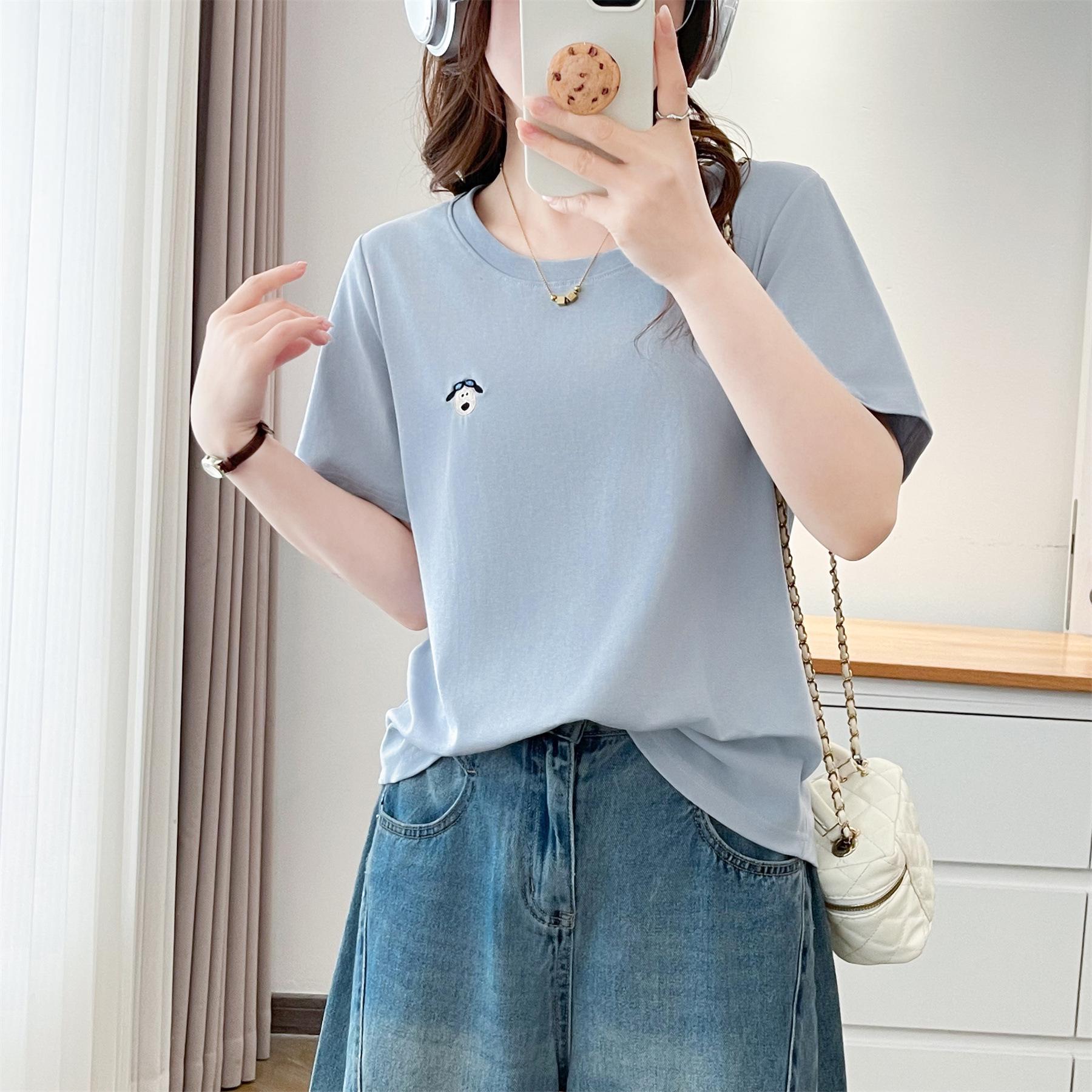 

2026 Plus Size Women s Cotton T-shirt - Short Sleeve, Simple Embroidery, Versatile Round Neck Top 8850 4XL