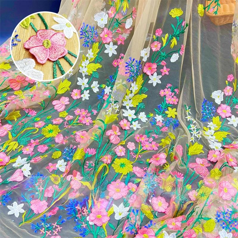 1yard Flowers Pattern Embroidery Applique Lace Fabric Plant Flower Embroidered Mesh Fabric for Dress Gown Clothing DIY Sewing