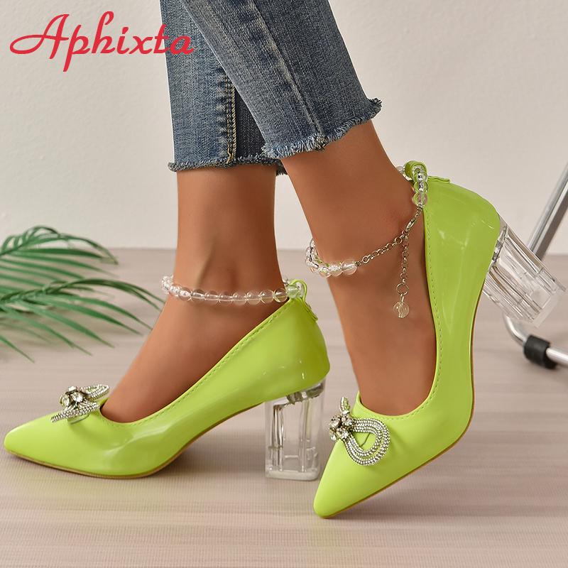Fashion Aphixta  New Luxury Crystals Bow Transparent Bead Chain 7cm Transparent Chunky Heels Pumps Women Shoes String Bead Belt Chain