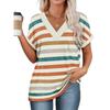 Women's Summer V Neck Striped T-shirt, Rolled Short Sleeve Loose Casual Color Block Stripe Daily Wear Blouse Tops