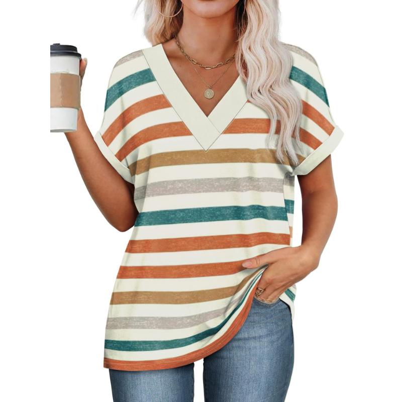 Women's Summer V Neck Striped T-shirt, Rolled Short Sleeve Loose Casual Color Block Stripe Daily Wear Blouse Tops