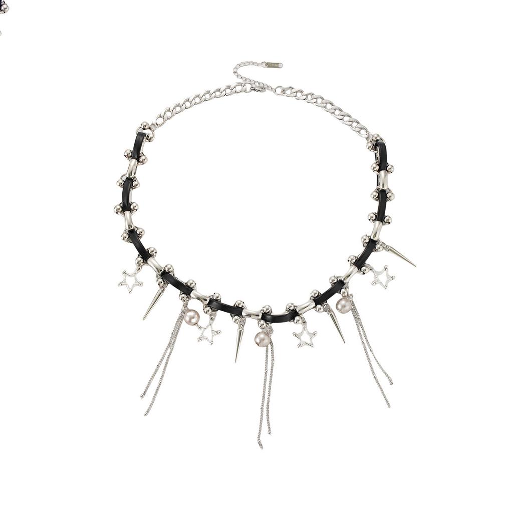 Sweet And Cool Tassel Rivet Beaded Splicing Collar Female Star Leather Tassel Necklace Niche Personality High-End Necklace