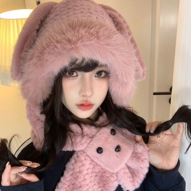 Cute Bunny Ear Plush Hat for Winter Thickened Warm Face-Flattering Ear Protection Scarf Integrated Cold Resistant Hat