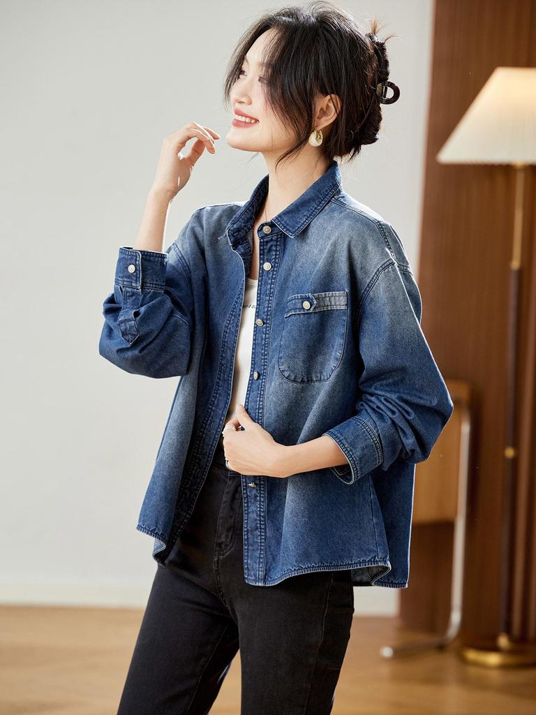 Retro Denim Blue Women's Long Sleeve Shirt Jacket - 2025 Autumn/Winter Fashion