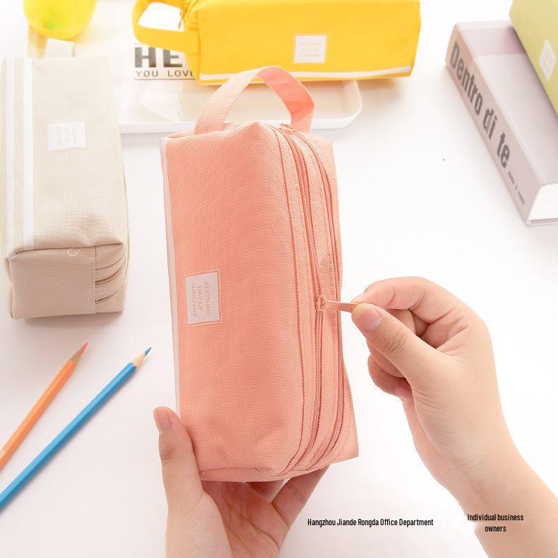 Ins Style Double Layer Canvas Pencil Case for Students - Simple, Creative Design with Zippers