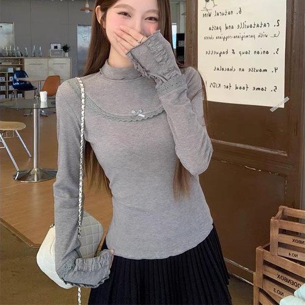 Korean-Style Gray Ruffled High Neck Long Sleeve Women s Slimming Base Layer Top Small серый