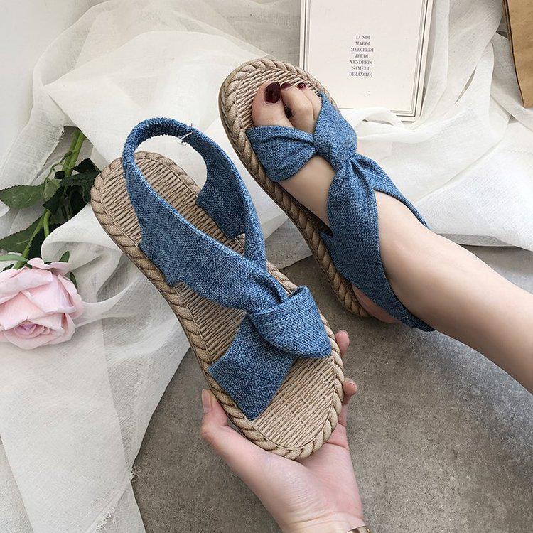 Women's Summer Roman Sandals - Woven Straw Linen with Elastic Band