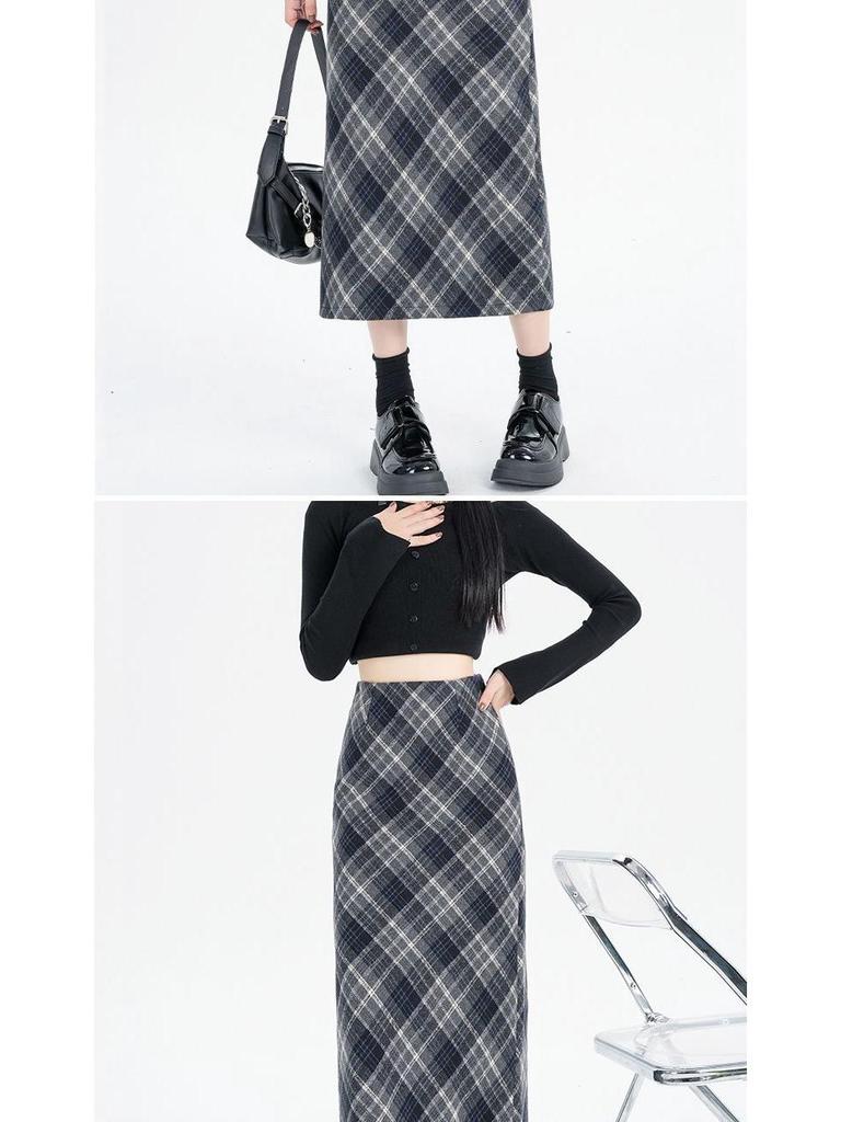 2025 Spring/Autumn High Waist Slit A-line Wool Plaid Midi Skirt for Women