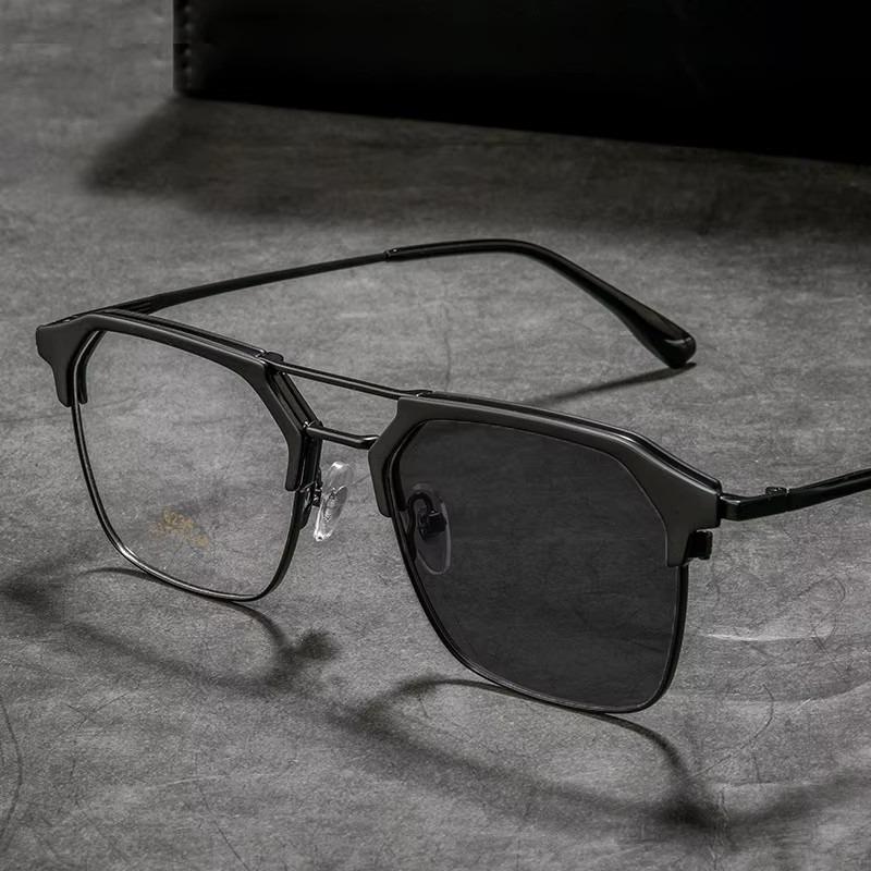 Non-polarized Men Square Half Frame Photochromic Glasses Double Beam Frame Shades Sunglasses Unisex Outdoor Color Changing Eyewear