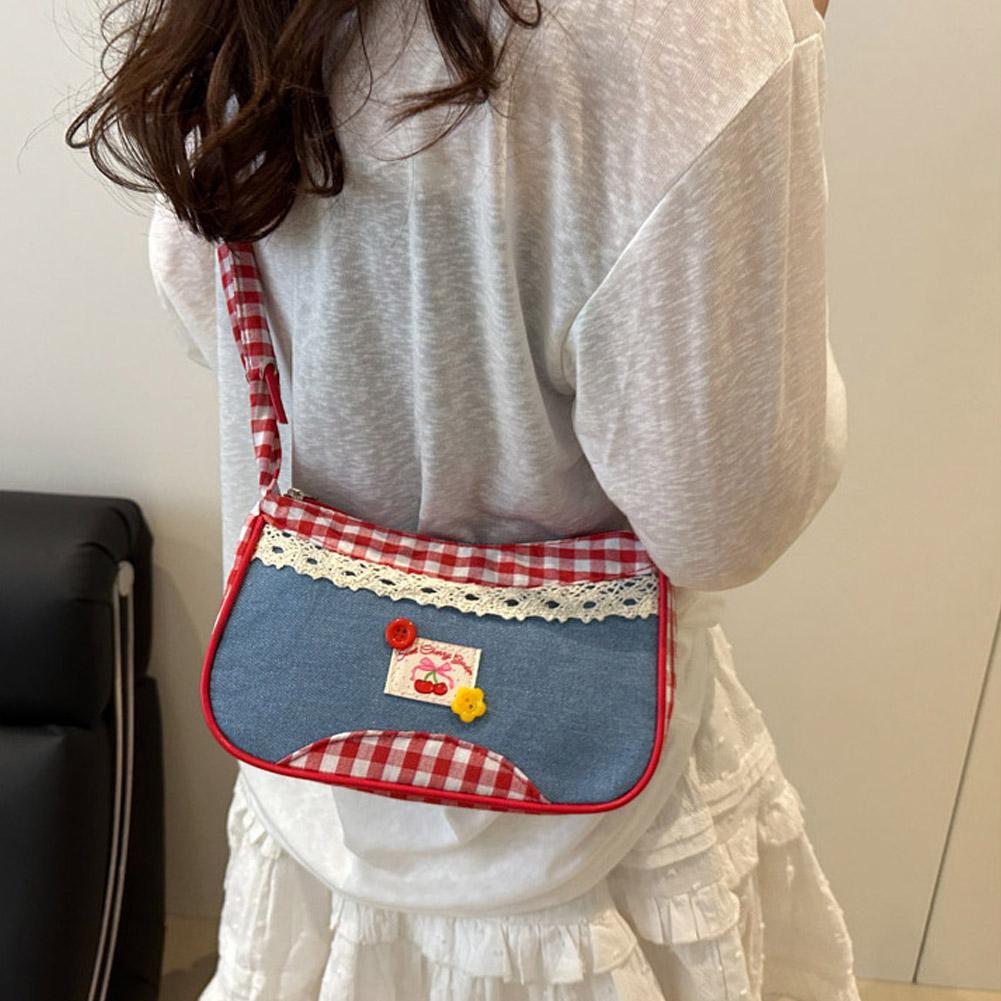 Woman Fashion Lattice Shoulder Bag Bow Denim Lovely Underarm Bag Pleated Drawstring Design Daily Commuting Handbag