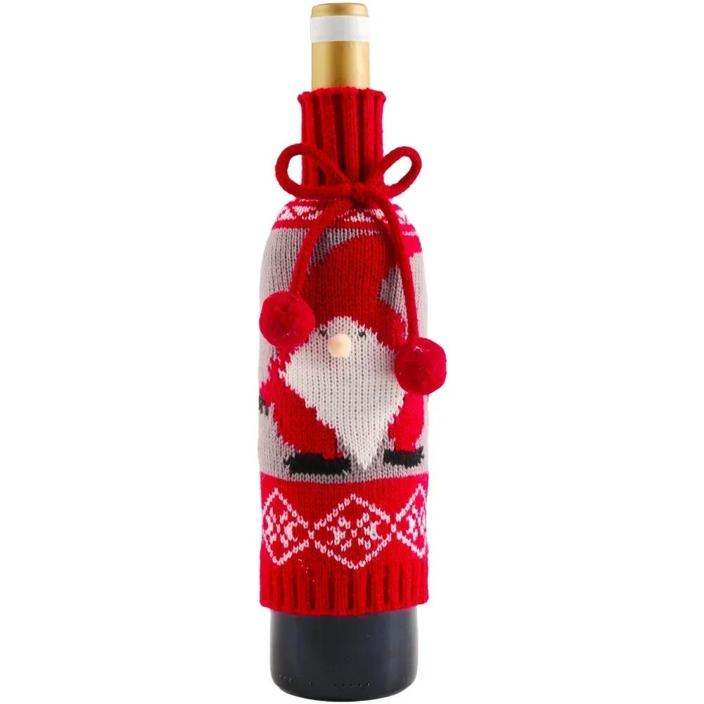 

Festive Christmas Wine Bottle Cover with Knitted Snowman Elk Santa Claus Motif Pompom Bow for Holiday Decoration