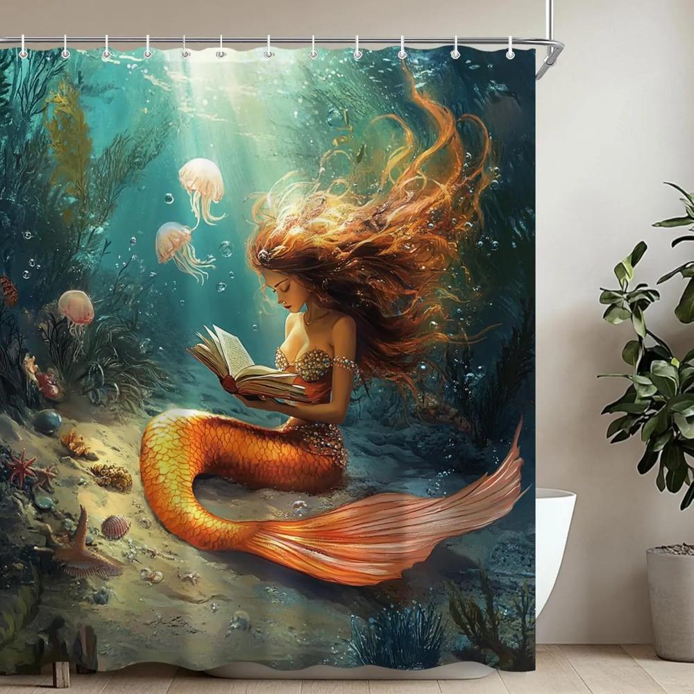 Mermaid Ocean Printed Shower Curtain Vintage Retro Teal Jellyfish Seaweed For Bathroom Decor