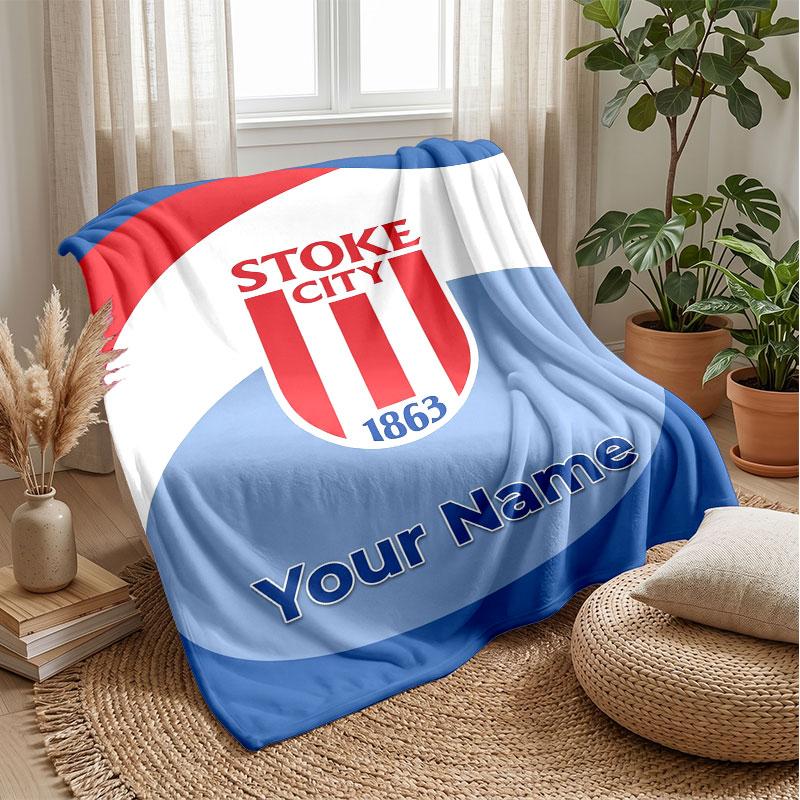 Stoke City FC Custom Name Text Flannel Blanket Soccer Logo Personalized Fleece Throw Blanket Special Gift For Sofa Bedroom Home