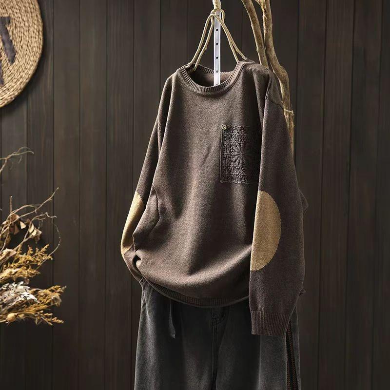 Johnature Nischen-Spitzen-Patches O-Ausschnitt Lockerer Freizeitpullover Damen Wintermode Chinesischer Stil Langarmpullover