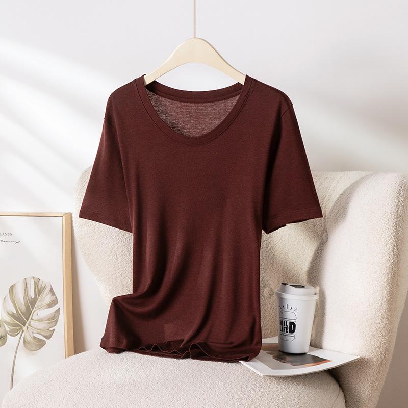 2026 Hangzhou Women's Mulberry Silk Lyocell U-Neck Tee - Lightweight, Breathable, Short-Sleeved Summer Fashion