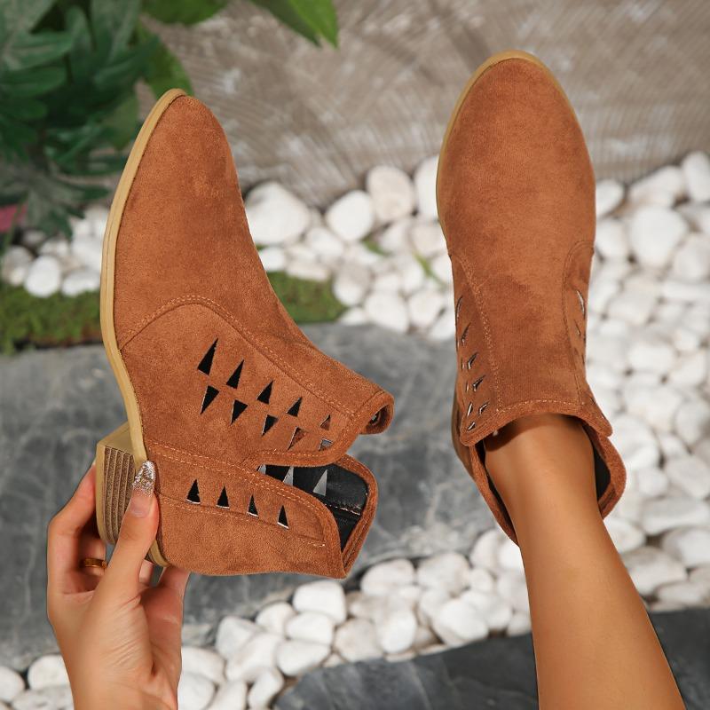 Women's Chunky Single Boots Autumn New Round Head Suede Hollow Breathable Non-slip Short Boots