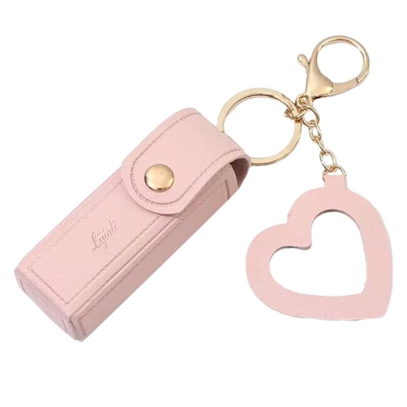 PU Leather Lipstick Bag Keychain Heart Pendant Mini Portable Key Chain Keyring