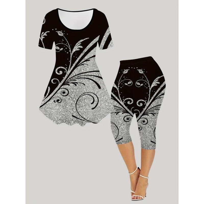 Women s Fashion Geometric Print Short Sleeve Cropped Pants Suit 2XL