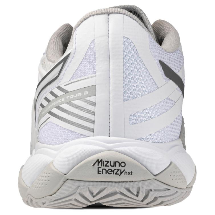 Mizuno Wave Enforce Tour 2 Bequeme Passform Stoßabsorption Strapazierfähig Niedrig geschnittene Tennisschuhe Damen Sneaker Weiß Silber-Grau 61GA260103