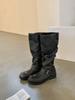 Retro Spice Girl Fashion Wide Tube Big Tube Circumference Round Head Pants Boots Thick Heel Thick Bottom Medium Length Knight Boots Women