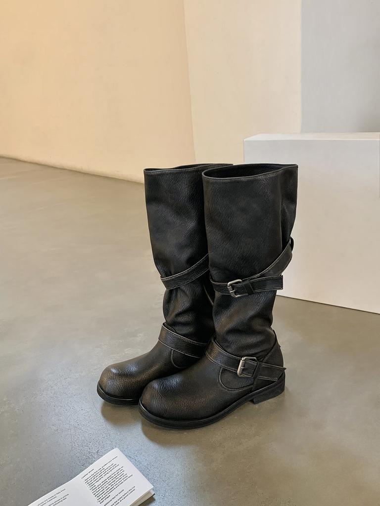 Retro Spice Girl Fashion Wide Tube Big Tube Circumference Round Head Pants Boots Thick Heel Thick Bottom Medium Length Knight Boots Women